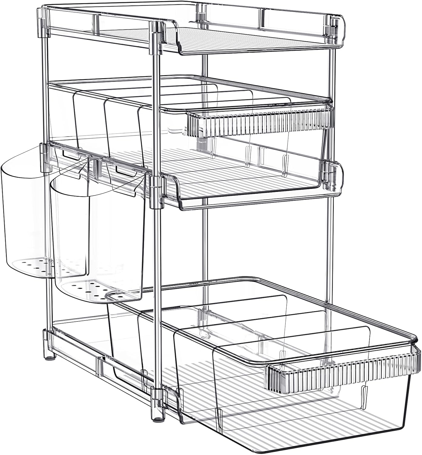 Organizadores de baño transparentes de 3 niveles, organizador extraíble y almacenamiento con 2 tazas, contenedor de almacenamiento deslizante con 6