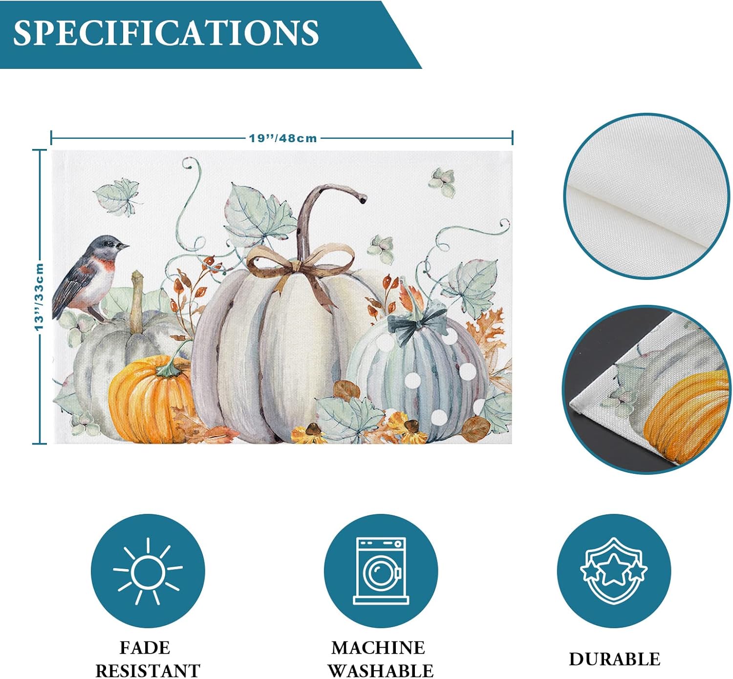 Juego de 6 manteles individuales de otoño, manteles individuales de calabaza blanca para decoración de mesa de comedor, manteles individuales de