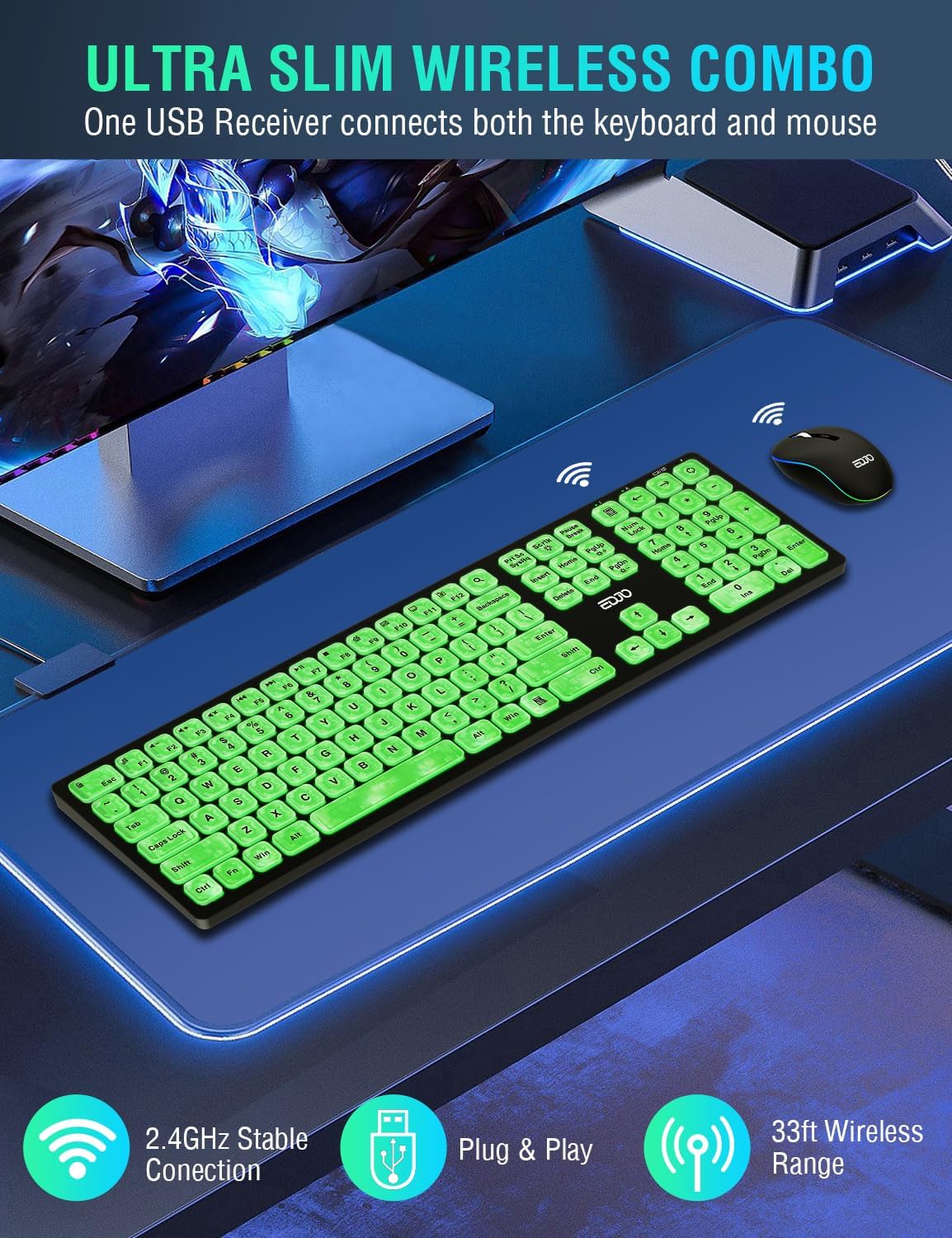 Combo de teclado y mouse inalámbricos, 7 efectos retroiluminados, teclado silencioso con mouse RGB, recargable, delgado, modo de sueño, juego de