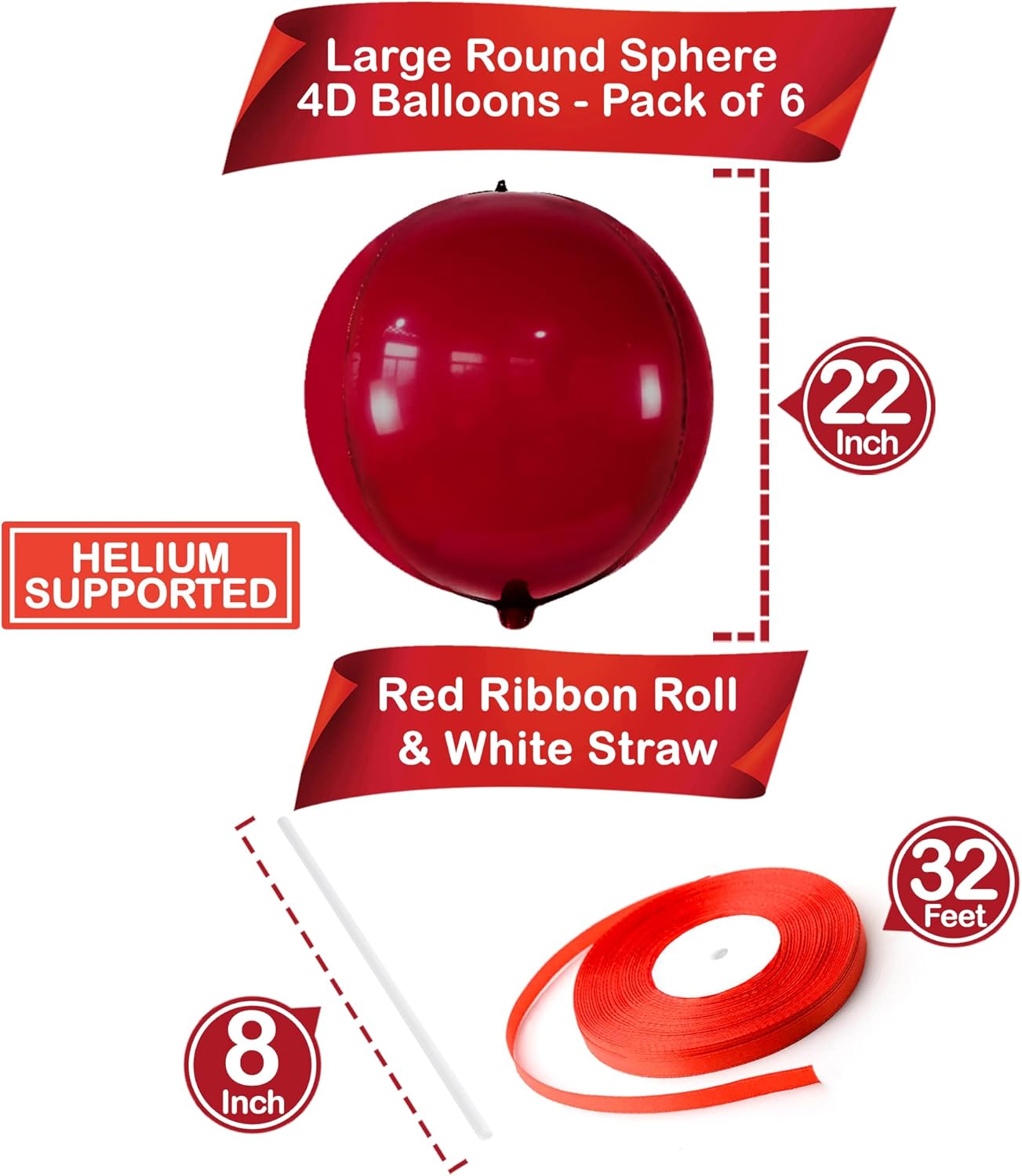 KatchOn, Globos rojos grandes de Mylar de 22 pulgadas, paquete de 6, globos rojos rubí, globos rojos metálicos para decoraciones de cumpleaños