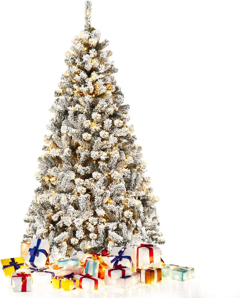 HAPPYGRILL Árbol de Navidad preiluminado de 6 pies, agujas de PVC de alta calidad, 600 puntas de rama, pino flocado con bisagras de nieve con
