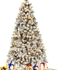 HAPPYGRILL Árbol de Navidad preiluminado de 6 pies, agujas de PVC de alta calidad, 600 puntas de rama, pino flocado con bisagras de nieve con HAPPYGRILL Árbol de Navidad preiluminado de 6 pies, agujas de PVC de alta calidad, 600 puntas de rama, pino flocado con bisagras de nieve con