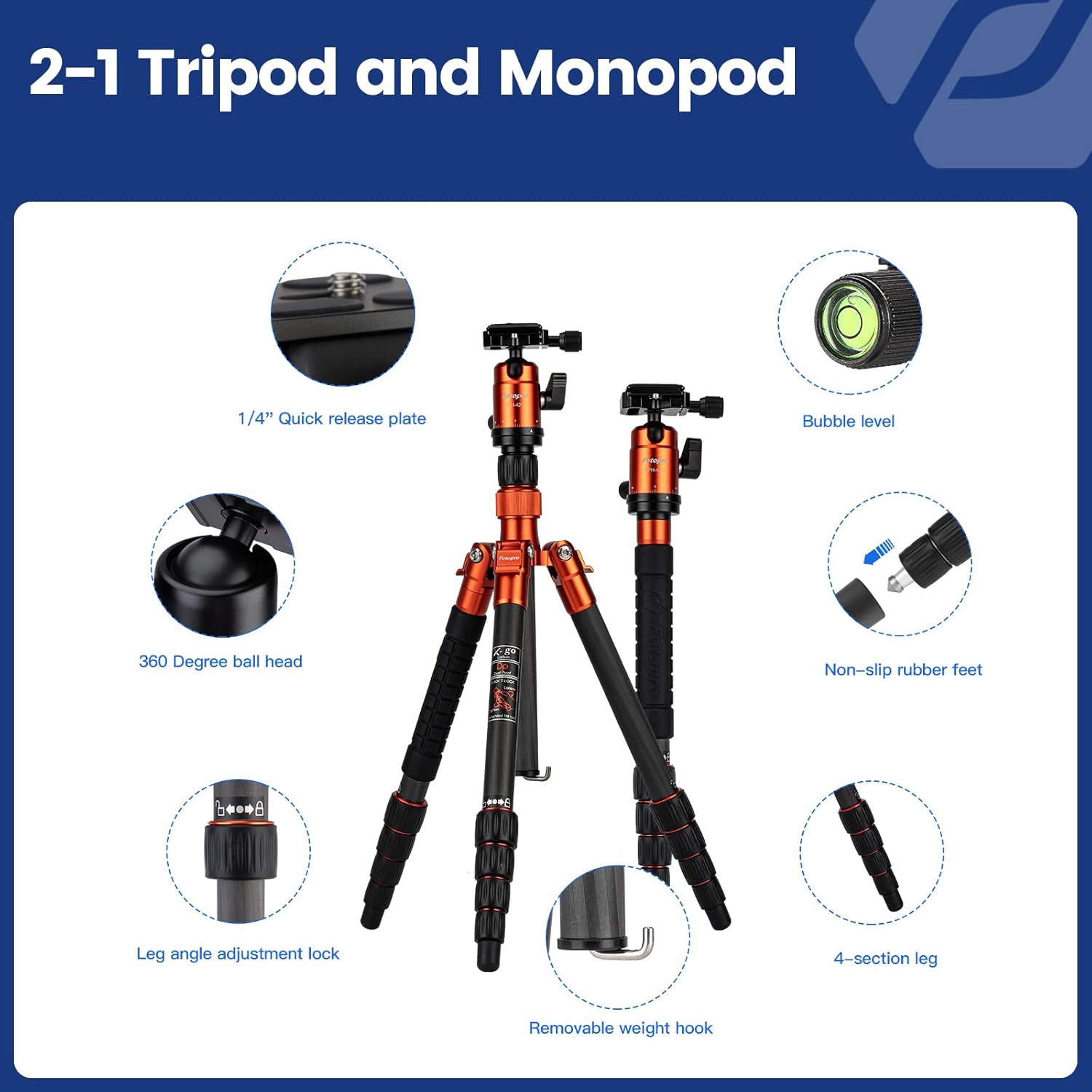 Fotopro Trípode de fibra de carbono de 57 pulgadas para cámara, trípode de viaje ligero con cabeza de bola, monopie desmontable con placa de