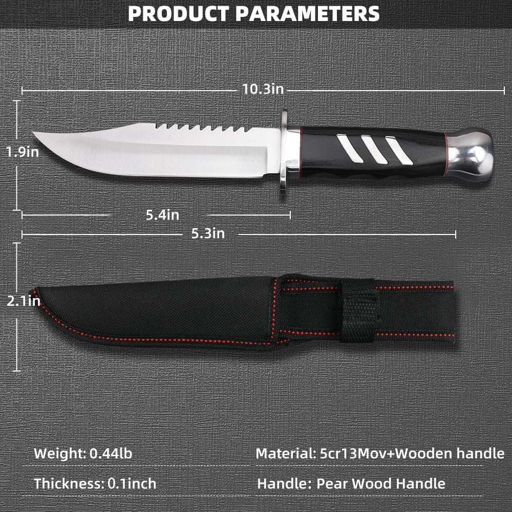 zarfand Cuchillo de bushcraft de 10.3 pulgadas para hombres, cuchillo de campamento de supervivencia de hoja fija con funda, cuchillo de espiga