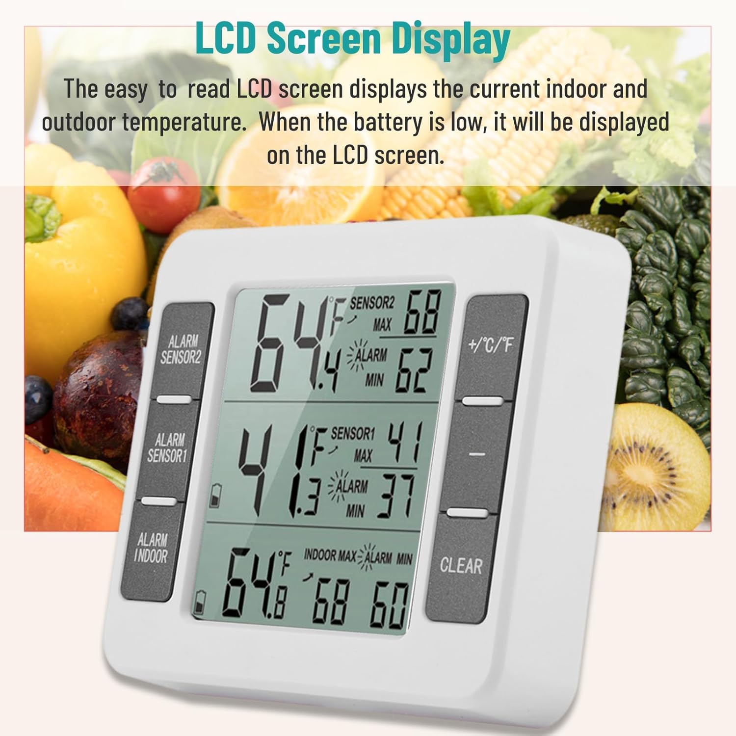 Termómetros para refrigerador con 2 sensores de temperatura inalámbricos, alarmas personalizables para refrigerador y congelador, función de