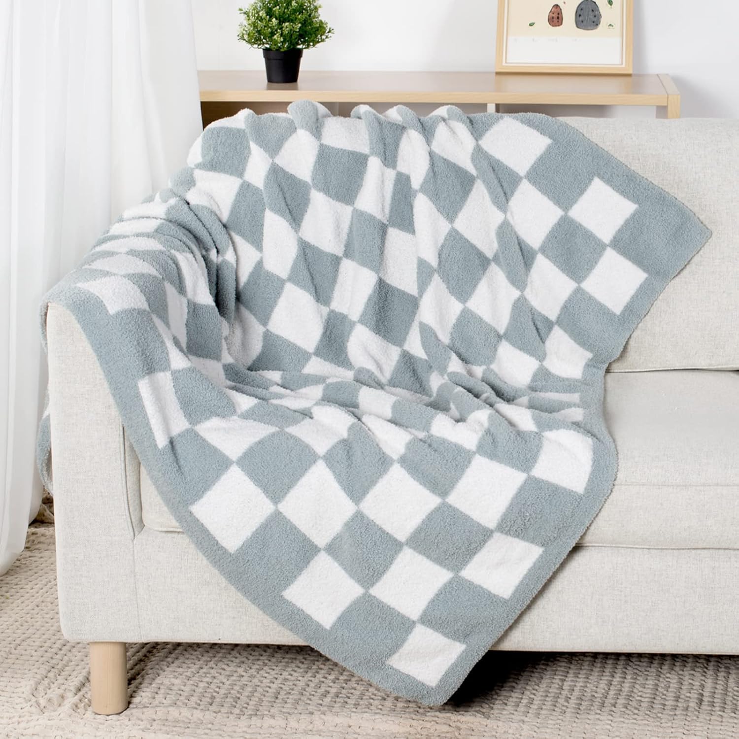 Manta a cuadros súper suave, ligera, mullida y esponjosa, de microfibra reversible de tablero de ajedrez, decoración cálida y acogedora para el