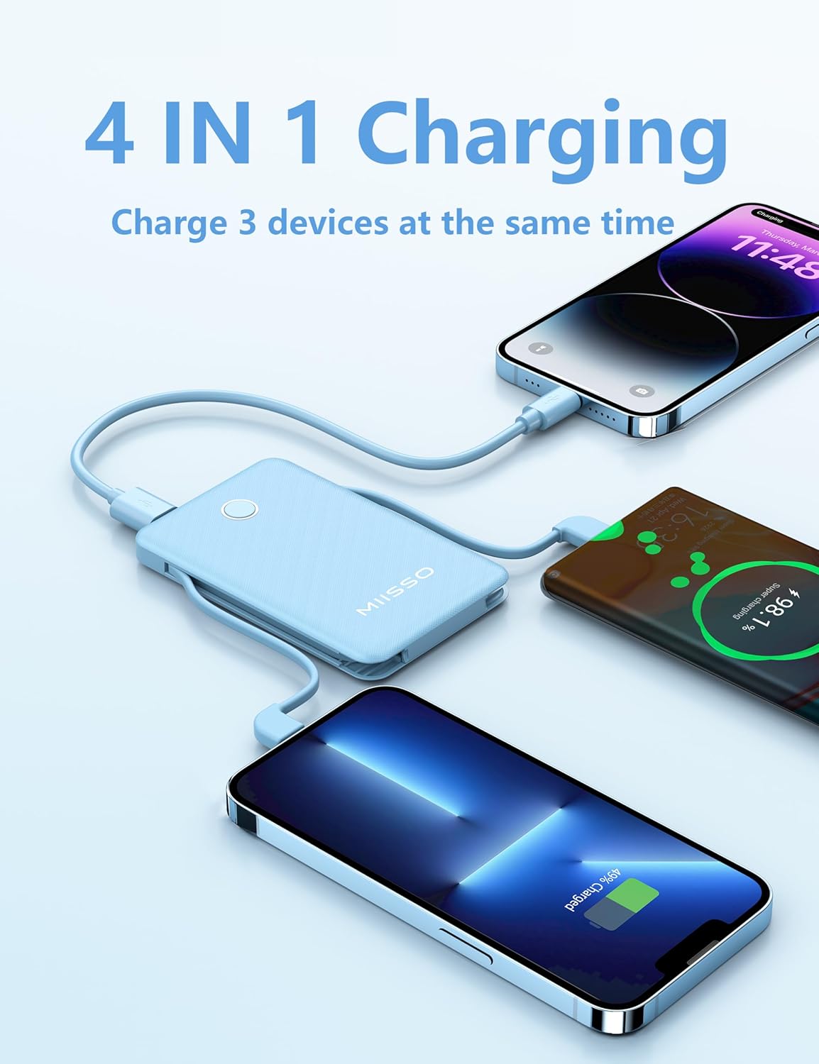 Banco de energía ultra delgado de 6000 mAh, batería externa de 3 salidas compatible con iPhone, Samsung, Google, color azul