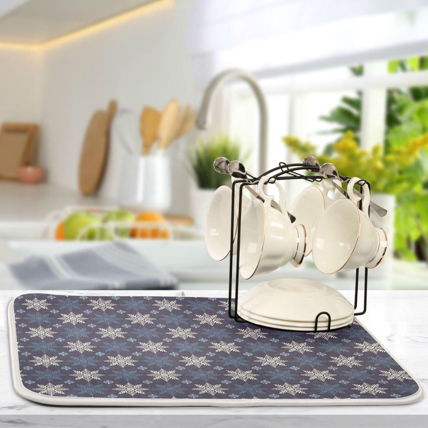 Winter Holiday Snowflakes Drying Dish Mat Washnable Absorbent Dish Drying Pad For Kitchen Counter Dish Drying Matts Tapete Para Cocina 16” x 18”