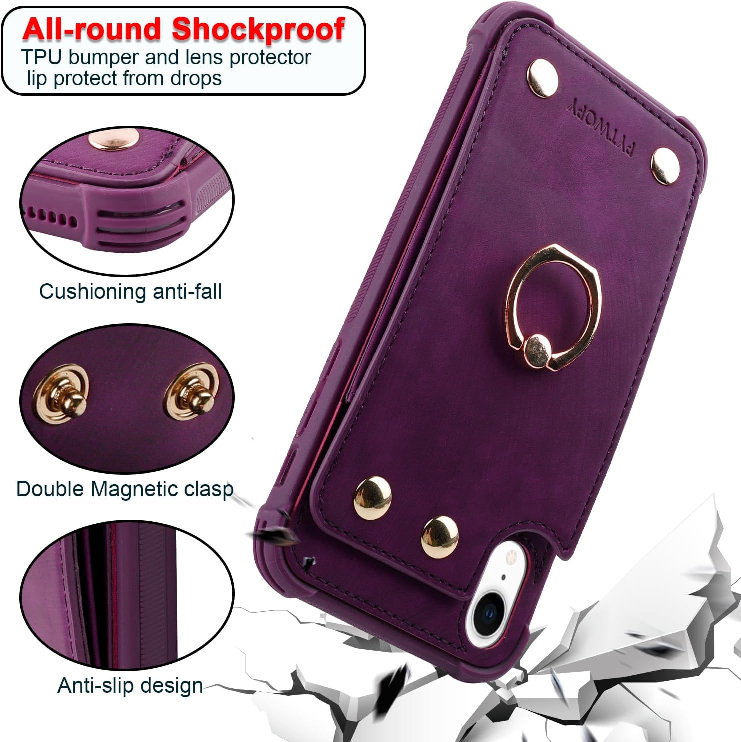 Funda tipo cartera para iPhone XR10R con tarjetero de crédito, funda protectora de cuero a prueba de golpes compatible con anillo de rotación de 360