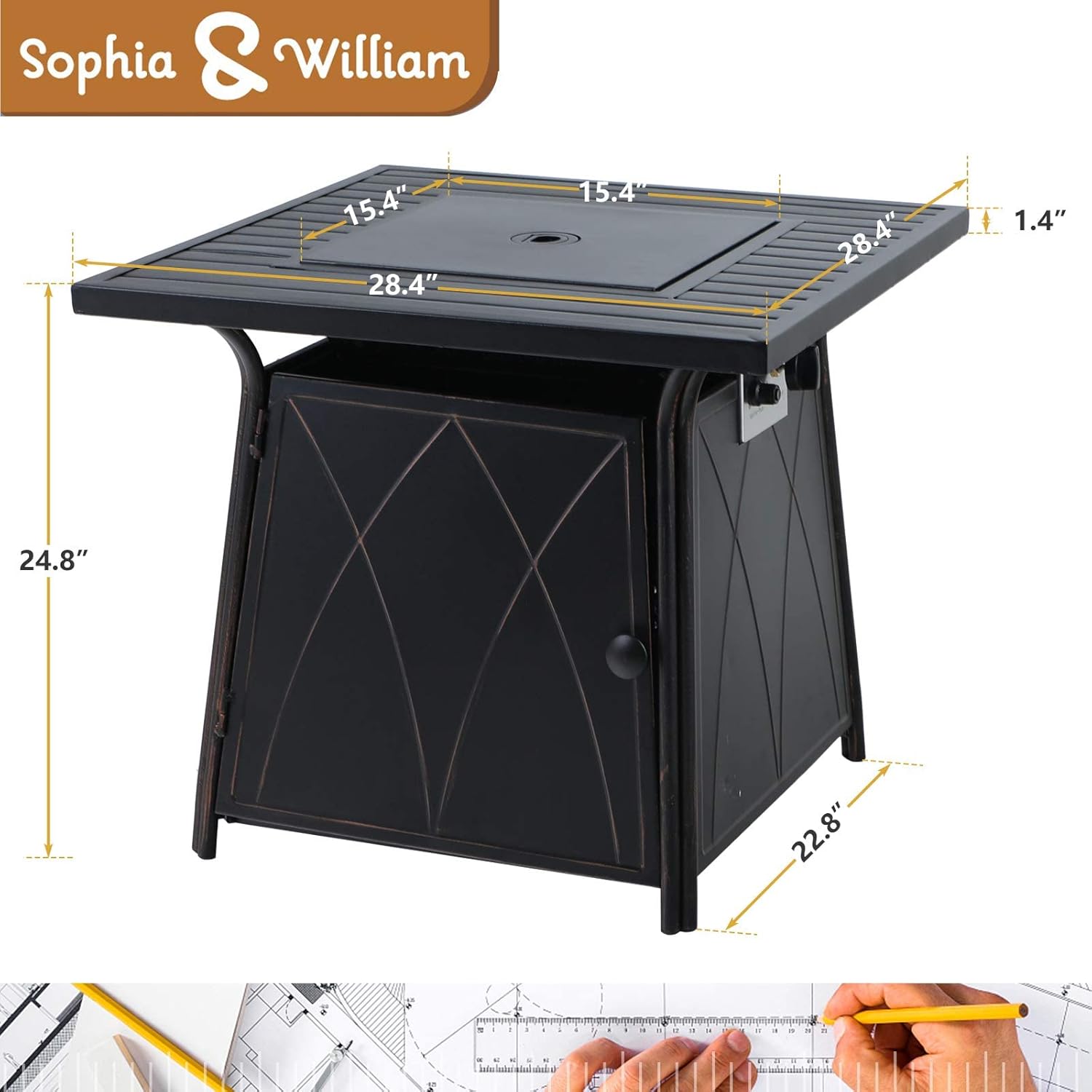 Sophia & William Mesa para fogata de gas de 28 pulgadas, 50,000 BTU cuadrada para exteriores, fogatas de propano 2 en 1, chimenea de patio de