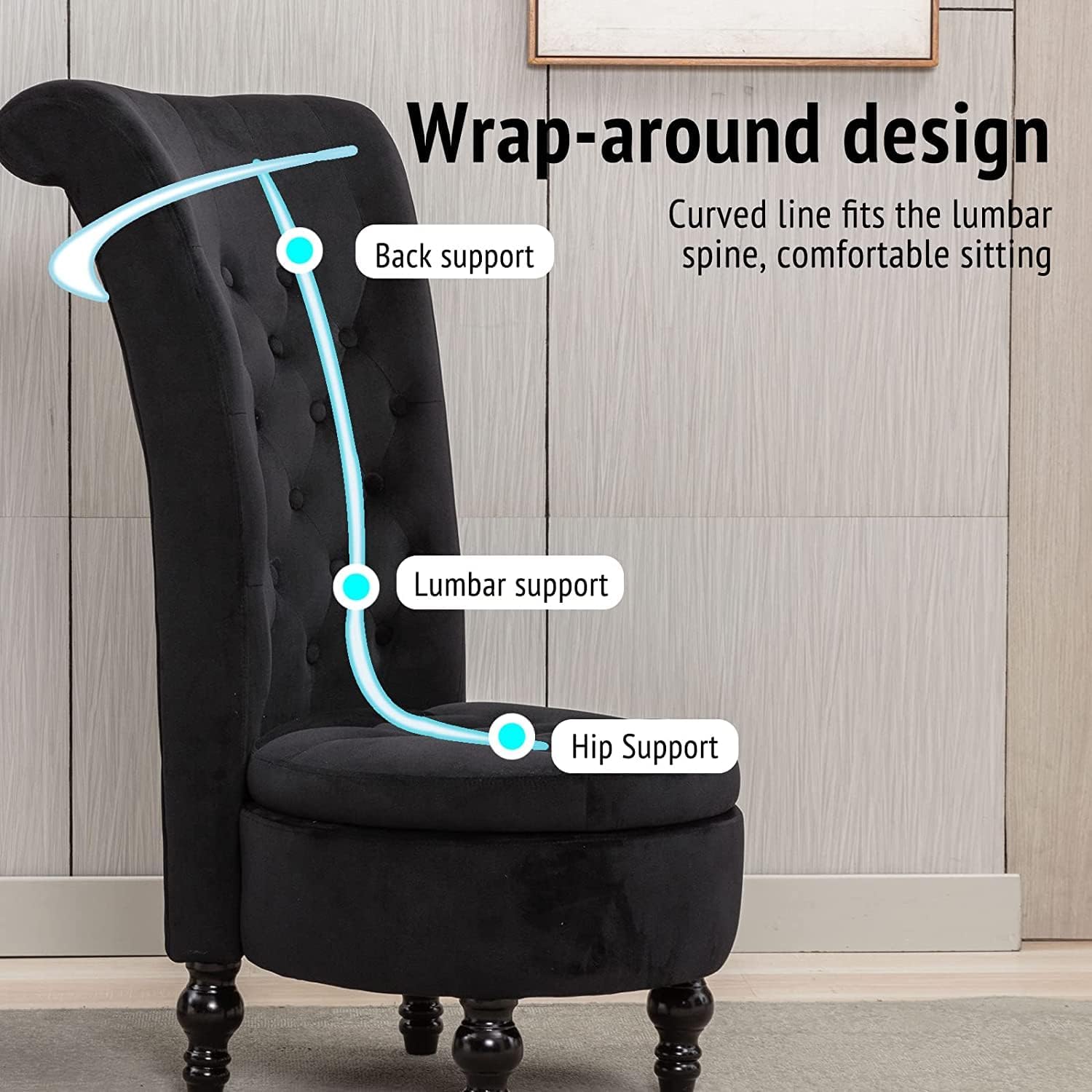 Icoget Silla gótica Queen of Thrones, silla de terciopelo negro con respaldo alto con botones acolchonados, silla decorativa sin brazos con espacio