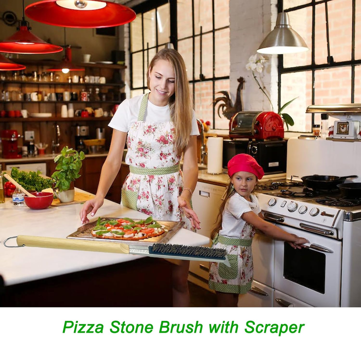 Cepillo para horno de pizza con raspador, cepillo de piedra de pizza de 21 pulgadas con mango de madera largo desmontable, resistente al calor,
