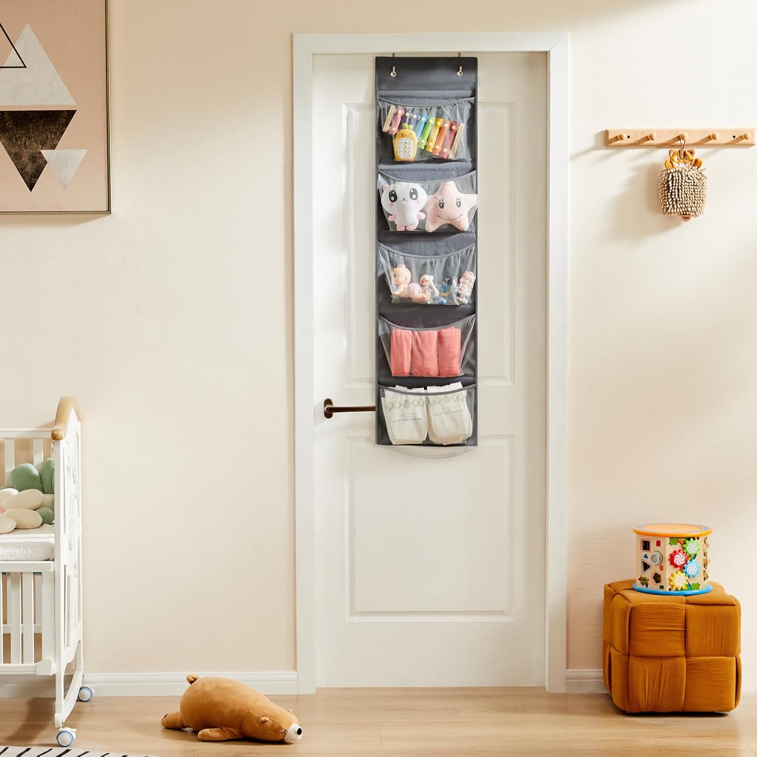 Organizador colgante de puerta para baño, organizador sobre puerta con 2 ganchos, organizador colgante de guardería, gris