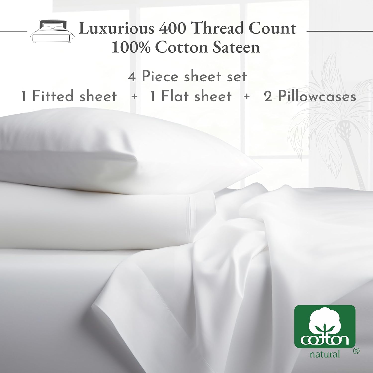 California Design Den Softest Sábanas 100% algodón, juego de sábanas de tamaño matrimonial, juego de 4 piezas, ropa de cama de satén de 400 hilos,