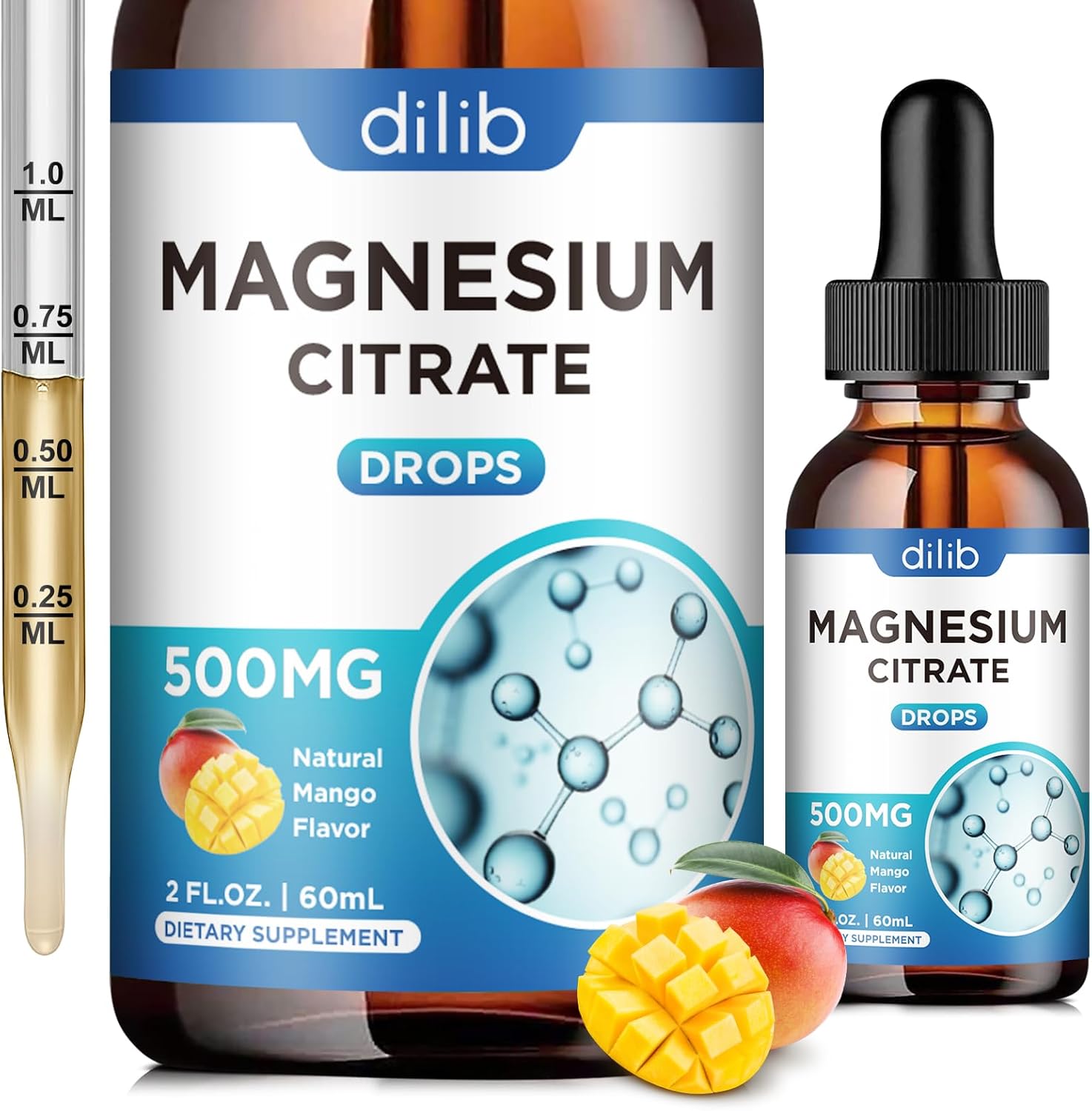 Suplemento líquido de citrato de magnesio de 500 mg, ayuda al alivio del estrés, hueso, músculo, estado de ánimo, sueño, 2 onzas líquidas, vegano,
