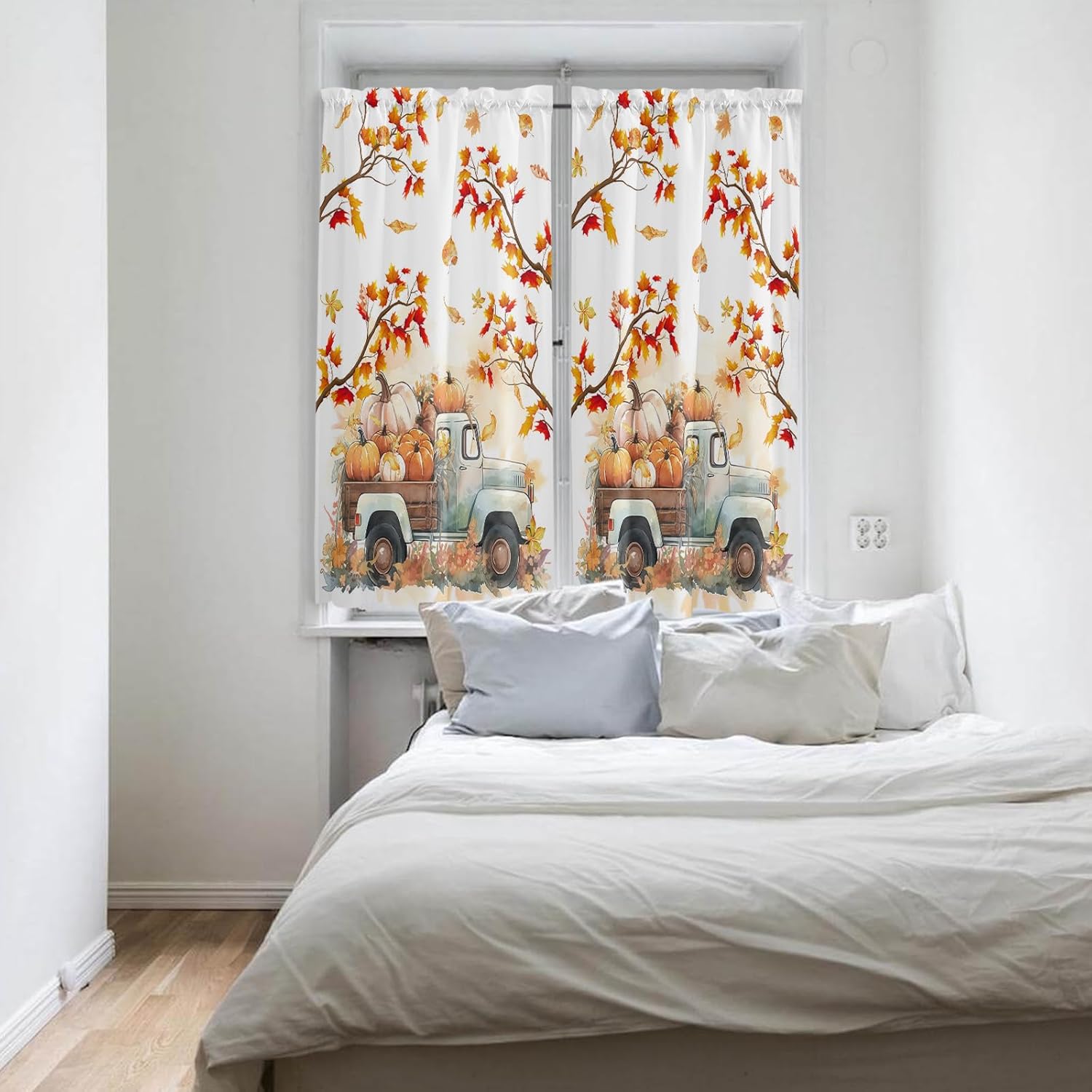 Cortinas de cocina de Acción de Gracias de 45 pulgadas de largo, cortinas de ventana con bolsillo para cortinero de calabaza, camión, ramas de