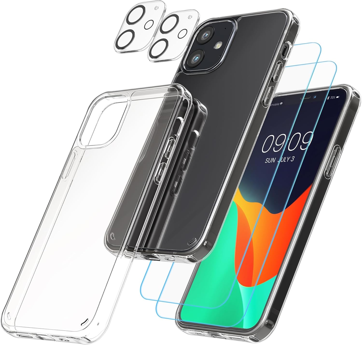 kwmobile Juego de fundas transparentes 5 en 1 compatibles con Apple iPhone 12, incluye protectores de pantalla y cámara, transparente