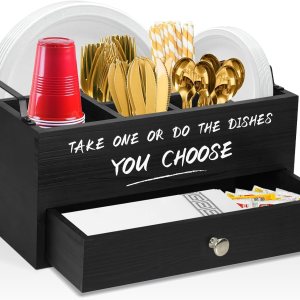 Dispensador de platos de papel con cajón para encimera de cocina, soporte de platos de papel de madera con soporte grande para tazas, soporte de Dispensador de platos de papel con cajón para encimera de cocina, soporte de platos de papel de madera con soporte grande para tazas, soporte de