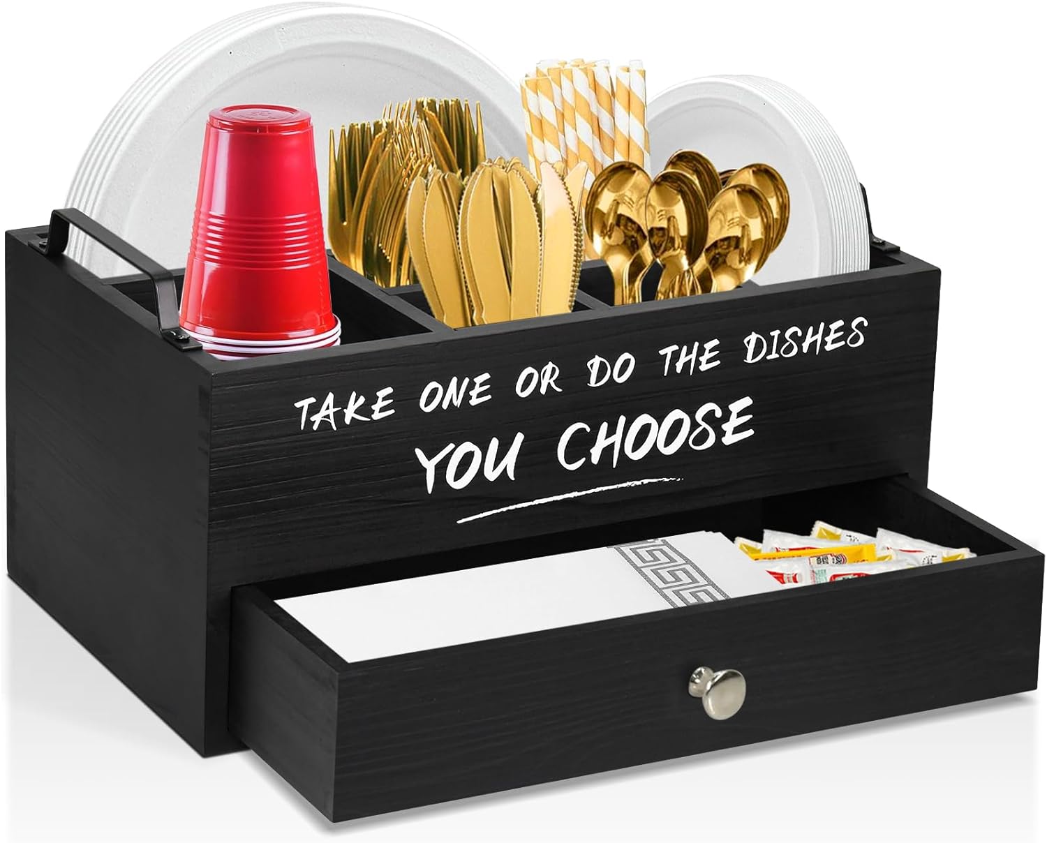 Dispensador de platos de papel con cajón para encimera de cocina, soporte de platos de papel de madera con soporte grande para tazas, soporte de
