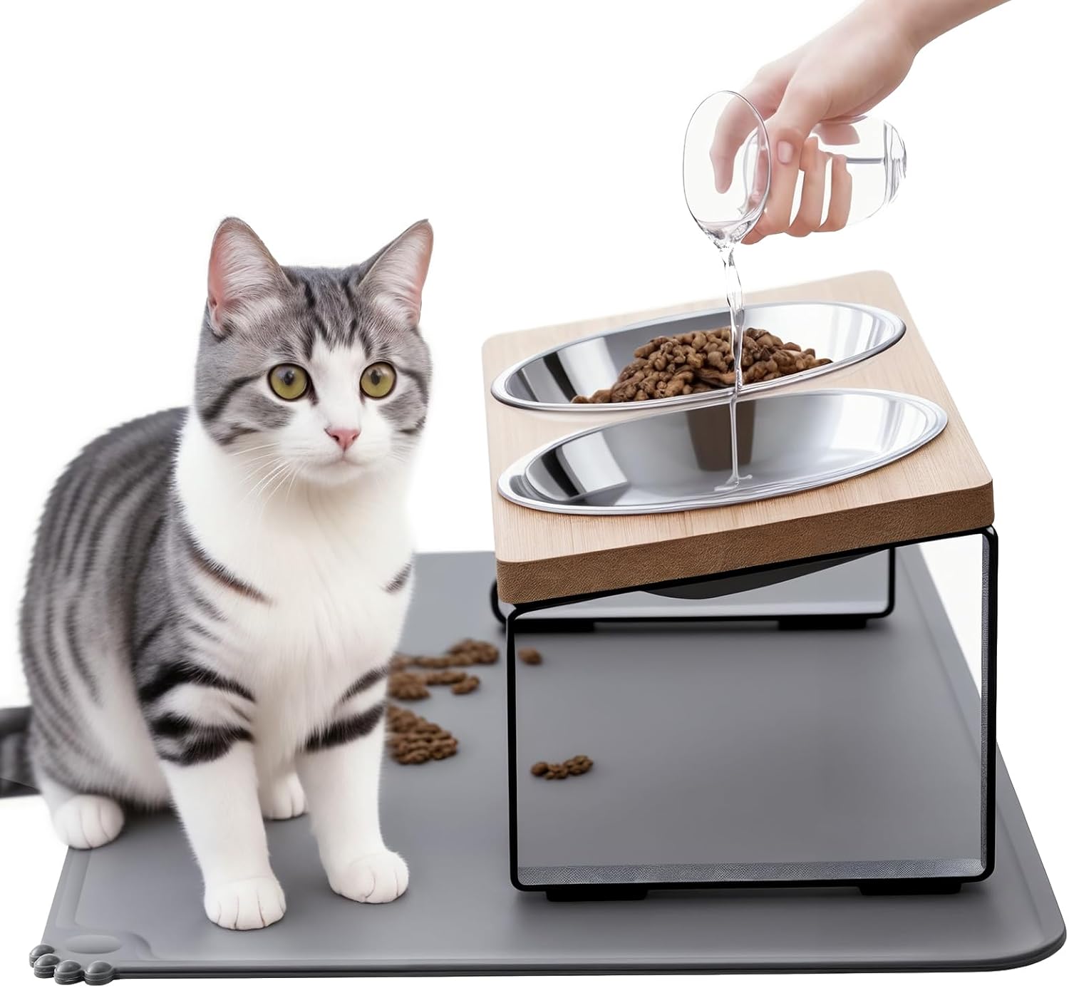 Cuencos elevados mejorados para gatos con tapete para alimentos, soporte inclinado de 15 , platos elevados para gatos y agua, 2 cuencos de acero