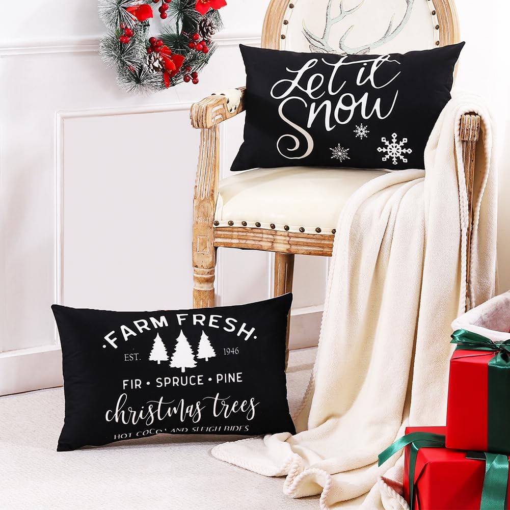JOJOGOGO Juego de 4 fundas de almohada lumbar de Navidad en blanco y negro de 12 x 20 pulgadas, decoración de Navidad negra, copo de nieve, árbol de