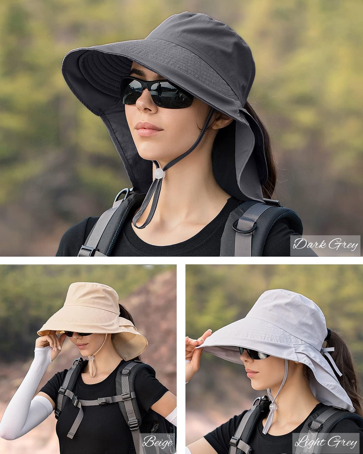 Paquete de 3 sombreros para mujer con solapa para el cuello, ala ancha, protección UV, sombrero de pescador, verano, playa, pesca, senderismo,