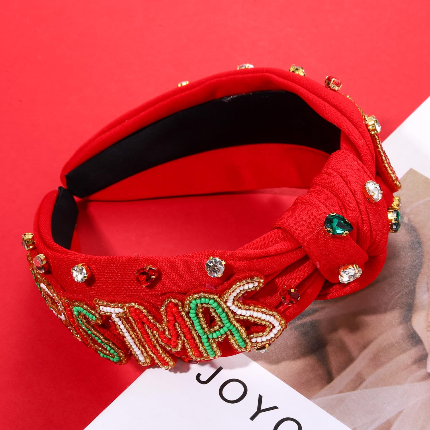 NVENF Diadema de Navidad para mujer, diadema de Navidad con adornos de perlas de cristal, diadema anudada con nudo superior ancho, accesorios para