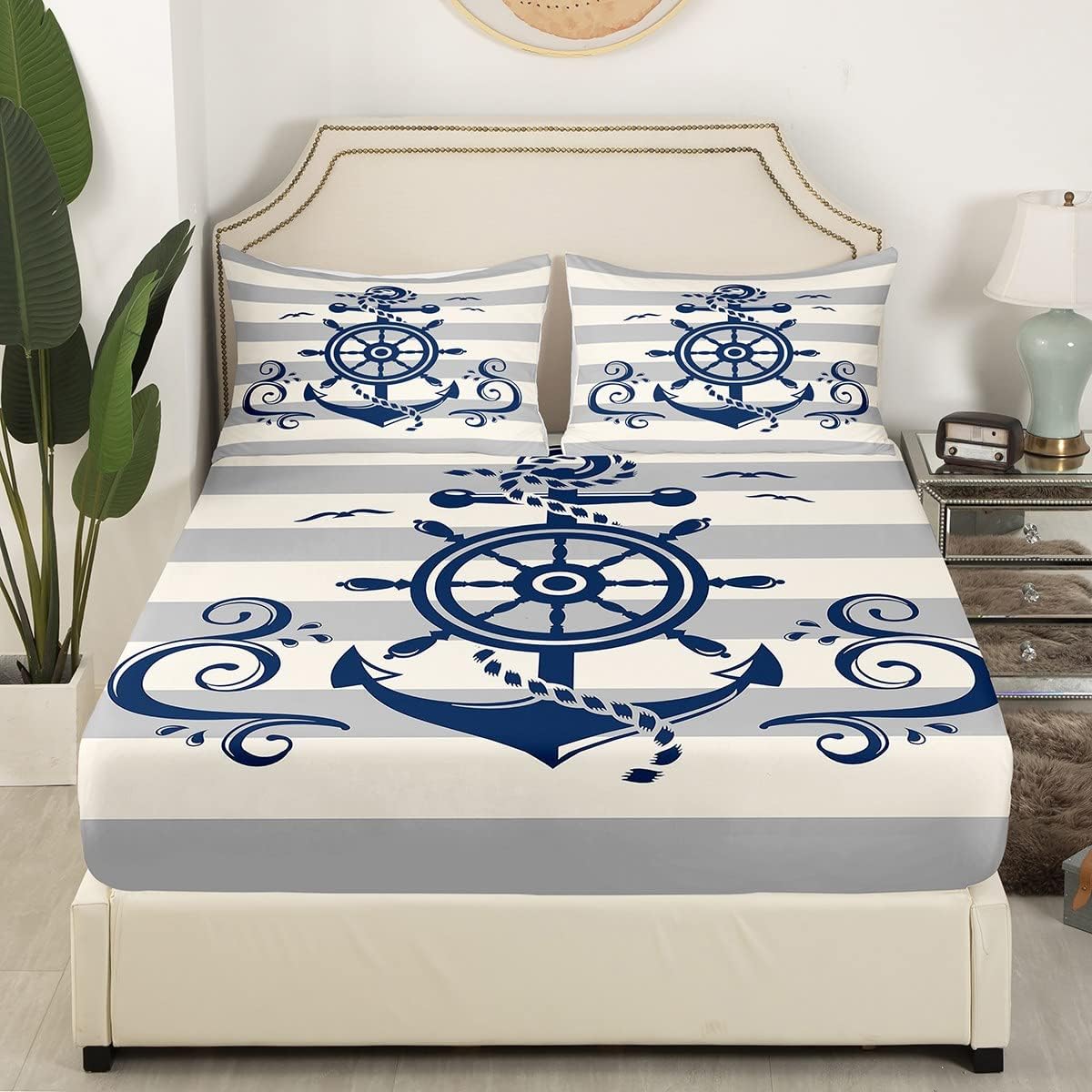 Juego de sábanas bajeras de brújula náutica, tamaño individual, juego de ropa de cama retro con ancla geométrica a rayas para niños, adolescentes y