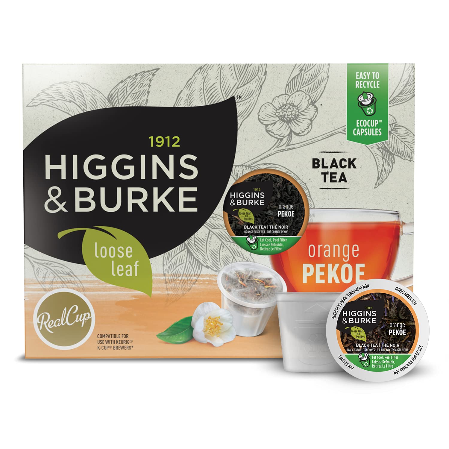 Higgins & Burke Orange Pekoe, té negro de hojas sueltas, cápsulas compatibles con Keurig K-Cup Brewer, 24 unidades
