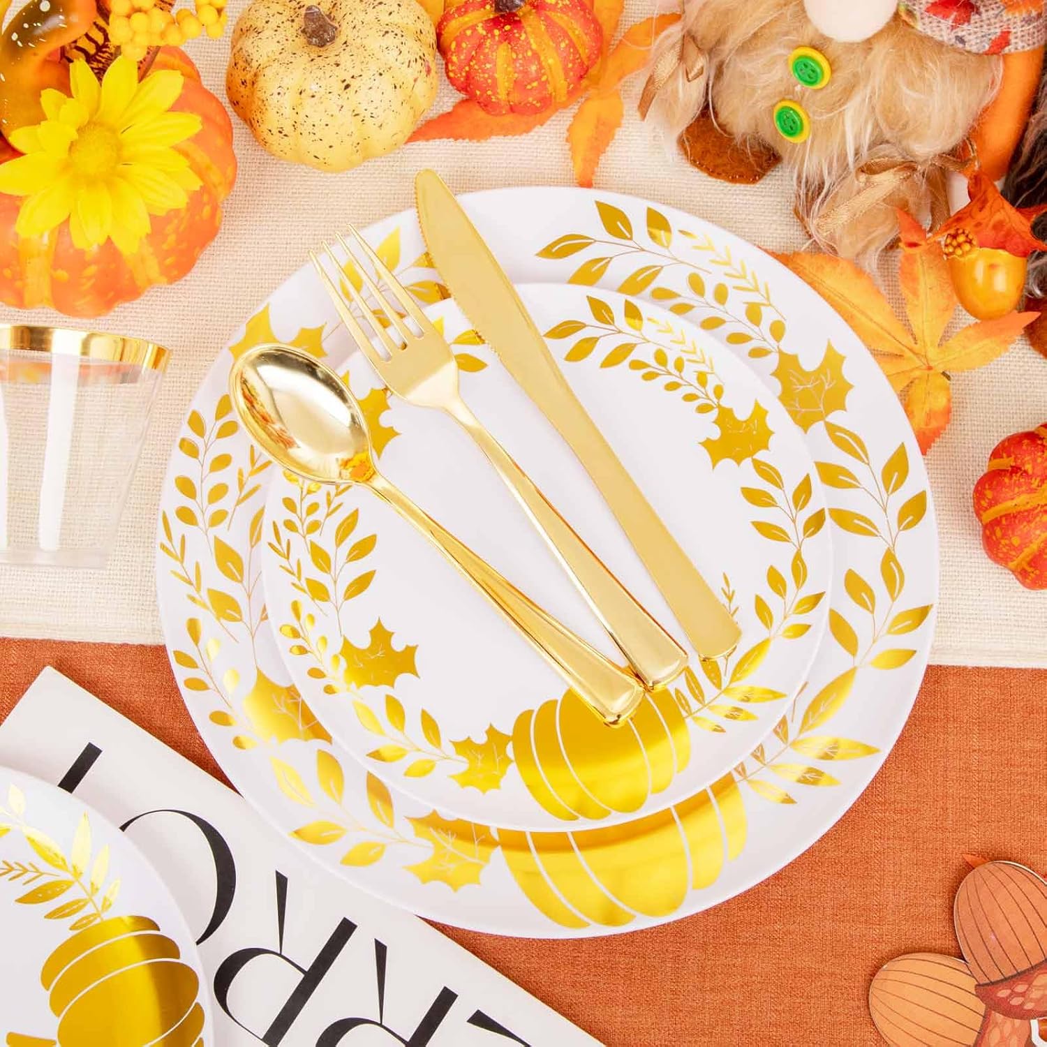 Ciaell 175 platos de plástico de Acción de Gracias  Platos de plástico desechables para otoño  Los platos de plástico blanco y dorado incluyen 50