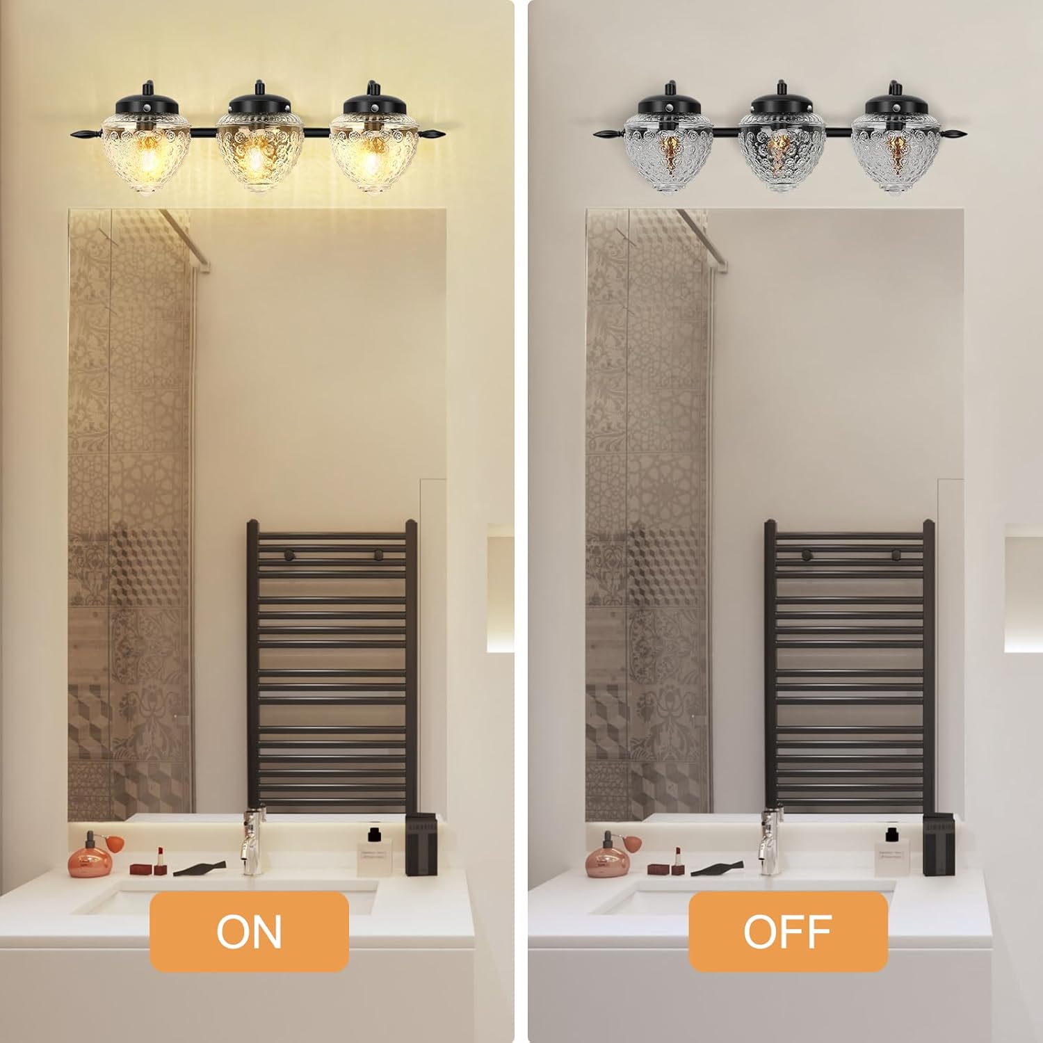 FRIDEKO HOME Lámpara de tocador de baño de 3 luces, pantalla de cristal grueso retro, superficie pintada de negro, luz de pared de baño sobre