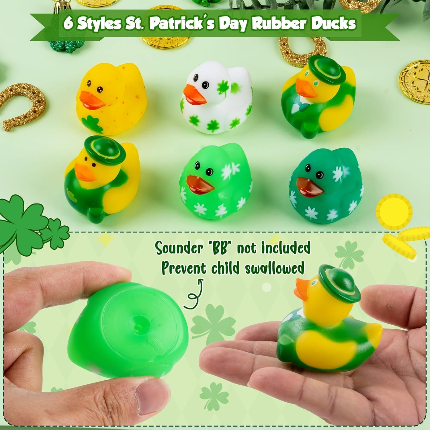 18 patos de goma para el día de San Patricio, 6 estilos, mini patos de goma verdes, trébol irlandés, divertidos juguetes de baño para niños,