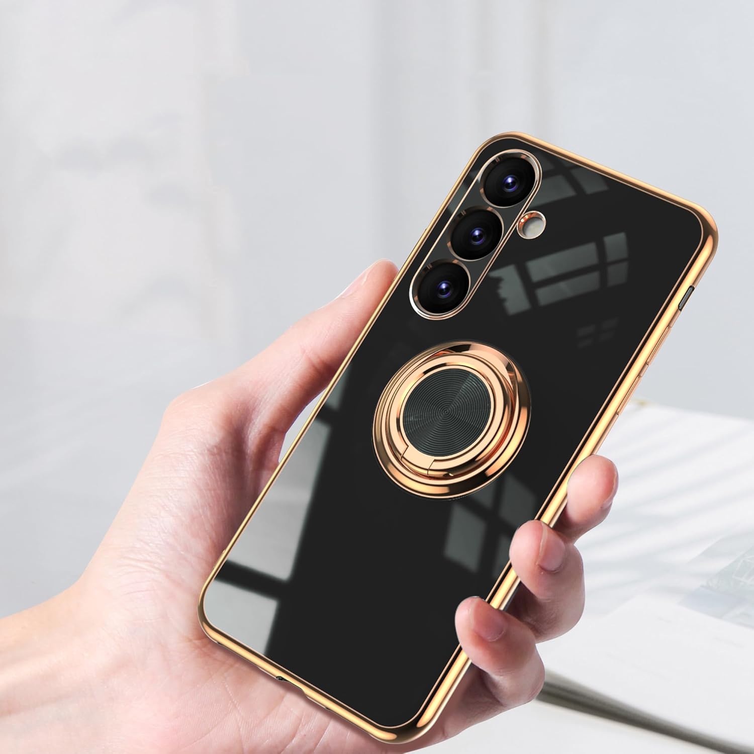 Funda para Galaxy S23 FE – Slim Fit Soporte de anillo giratorio Lujoso color dorado de metal Funda de silicona suave TPU protección a prueba de