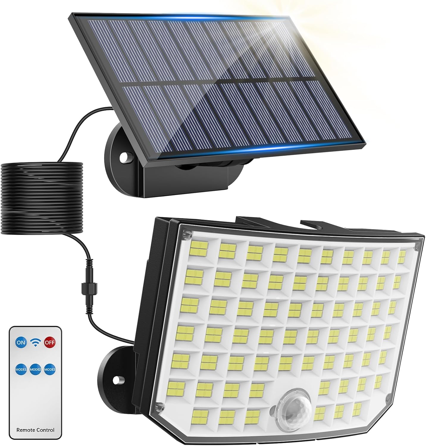 Luces solares para exteriores, 256 luces LED de seguridad con sensor de movimiento con control remoto, cable de 16.4 pies, impermeable IP65, 3
