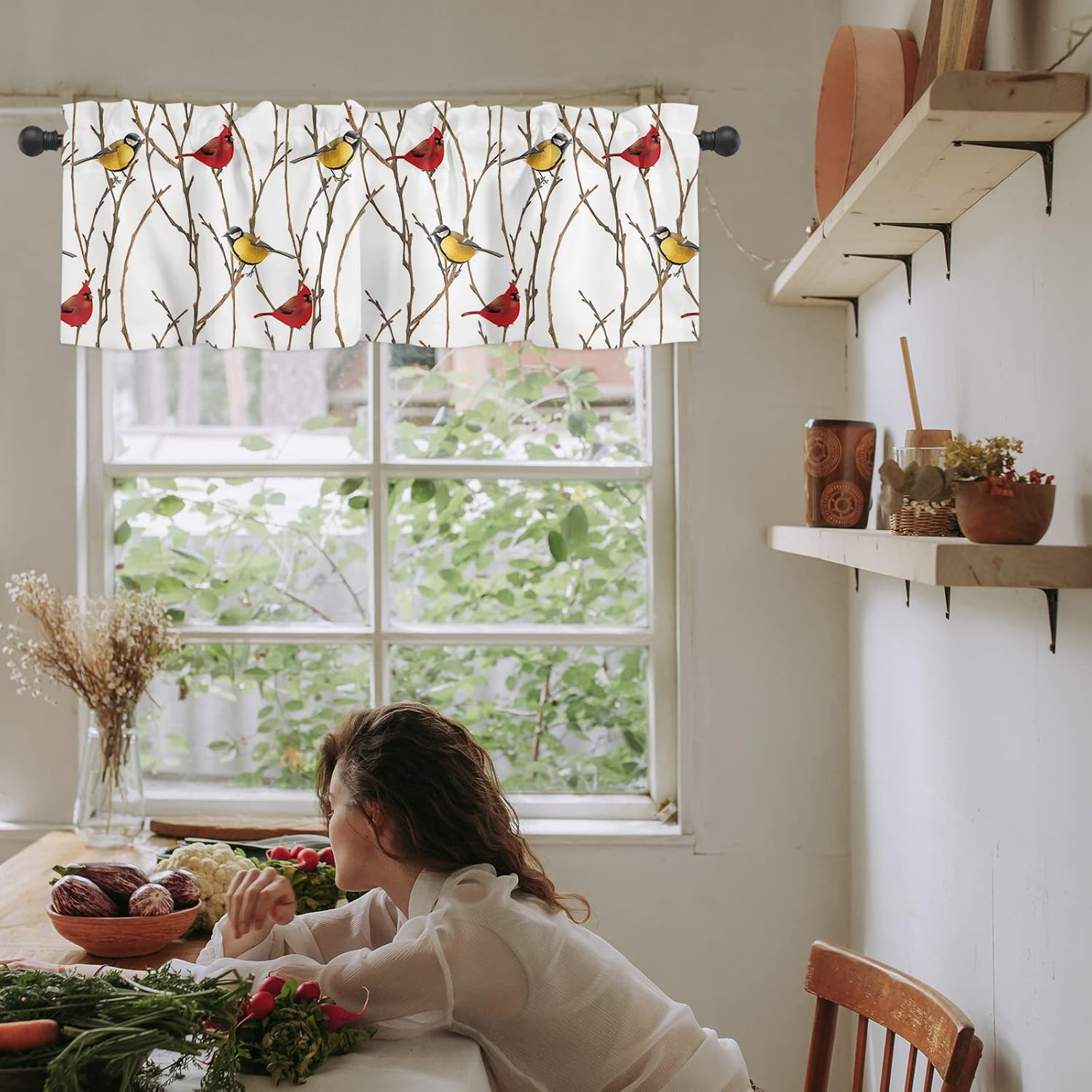 Cenefa de Navidad para ventanas, pájaros en un árbol, cortina de cocina, cenefas con bolsillo para barra, cortina de ventana de pájaro amarillo y