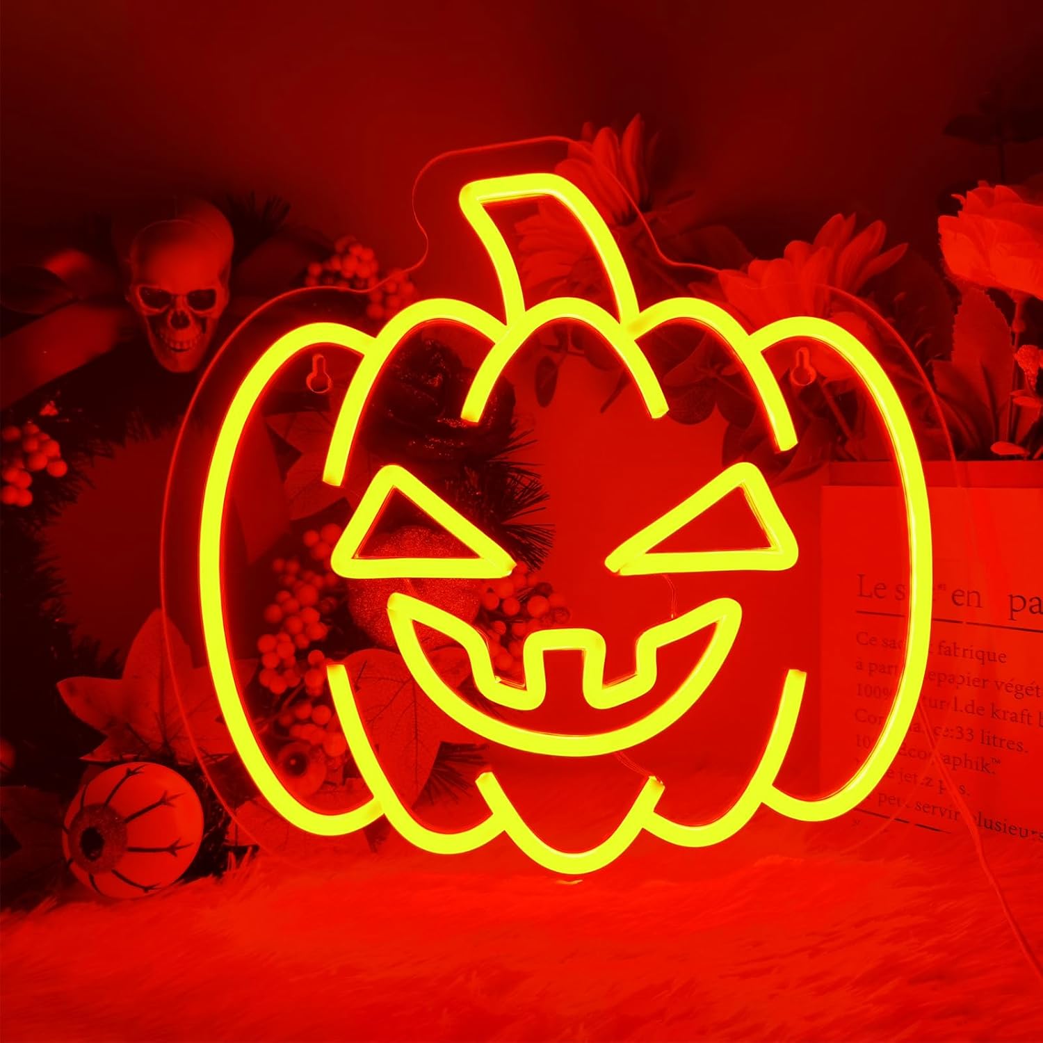 EMANNON Letrero de neón de Halloween, letrero de neón de calabaza para decoración de pared con interruptor regulable, letrero de calabaza naranja