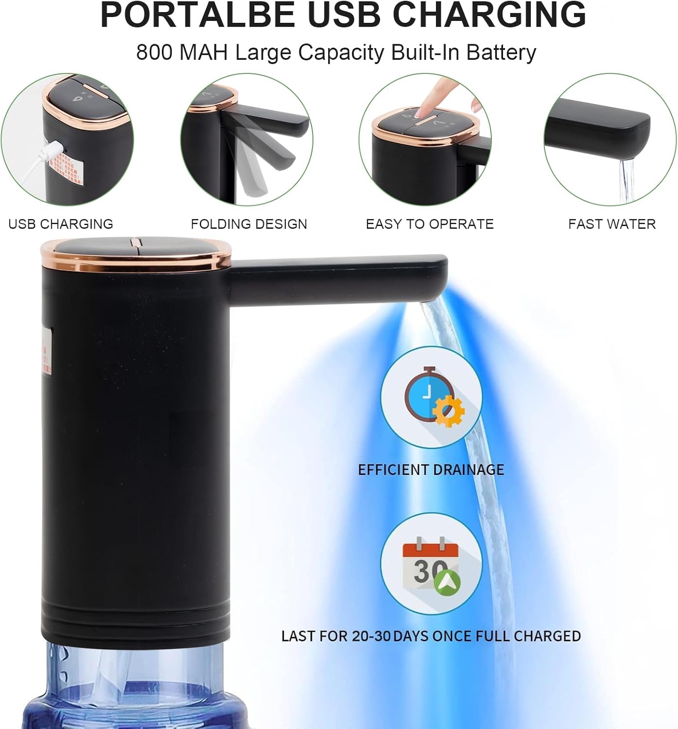 Dispensador de agua plegable eléctrico ultrapuro de 5 galones con abrebotellas multifuncional, bomba automática de botella de agua portátil de carga