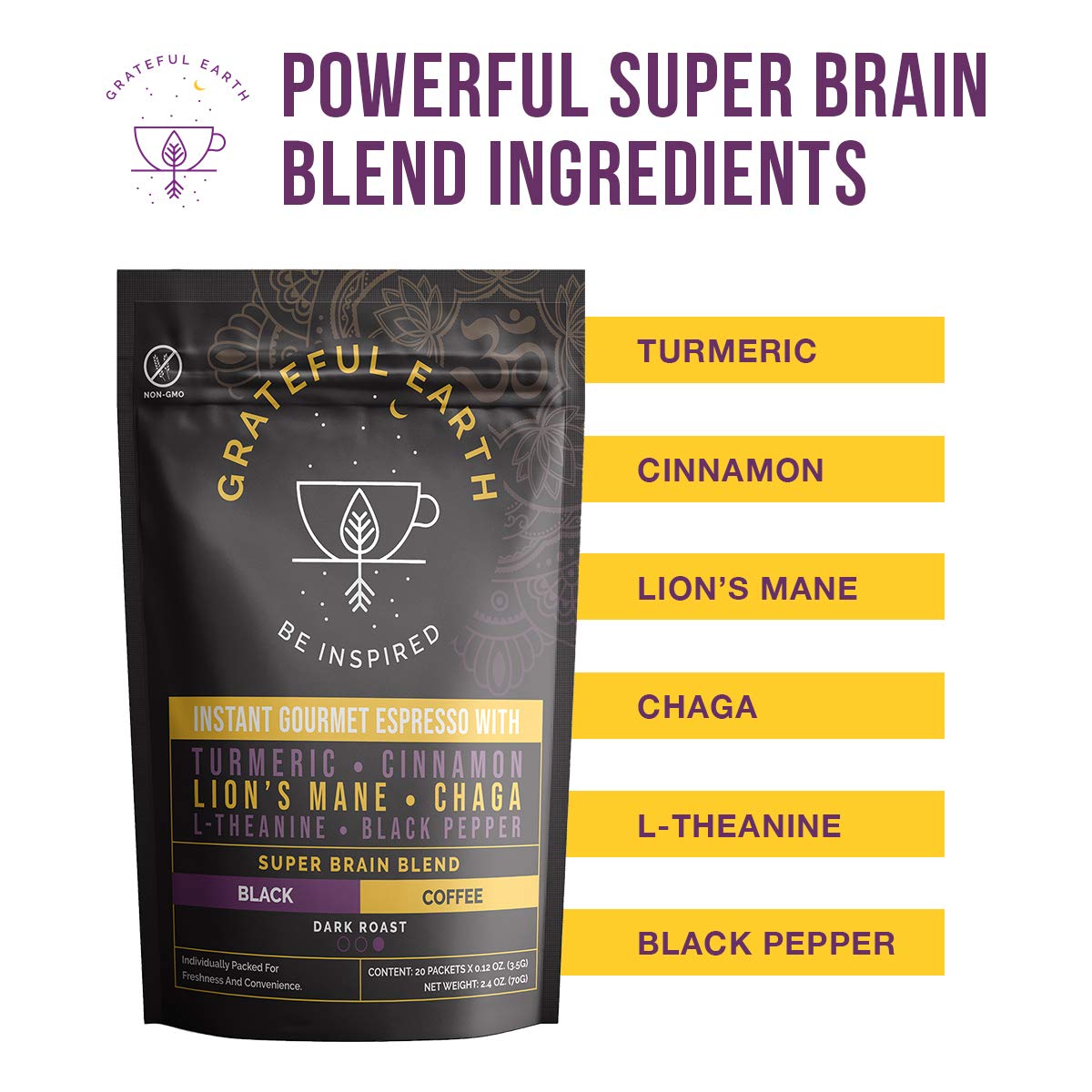 Grateful Earth Super Brain Blend Instant Gourmet Espresso  Café negro instantáneo con nootrópicos  20 paquetes  Café Robusta y arábica Microground