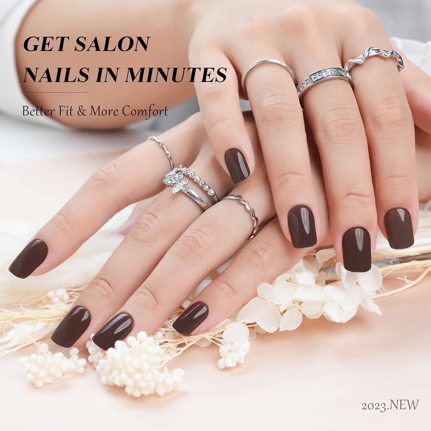 Jofay Fashion – Uñas postizas cuadradas de color marrón café a presión, uñas postizas de color sólido con pegamento, uñas postizas acrílicas cómodas