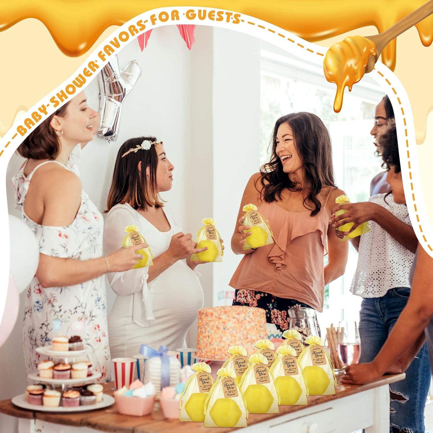 Loopeer 50 juegos de panales para baby shower con 50 bolsas de organza y 50 etiquetas de regalo de agradecimiento, mini jabones hechos a mano,
