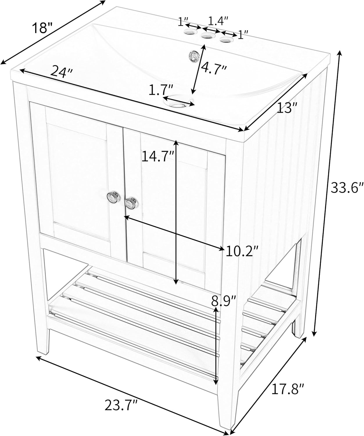 P PURLOVE Mueble de baño de 24 pulgadas con fregadero, armario de almacenamiento de baño con puertas y estante abierto, juego de fregadero de madera
