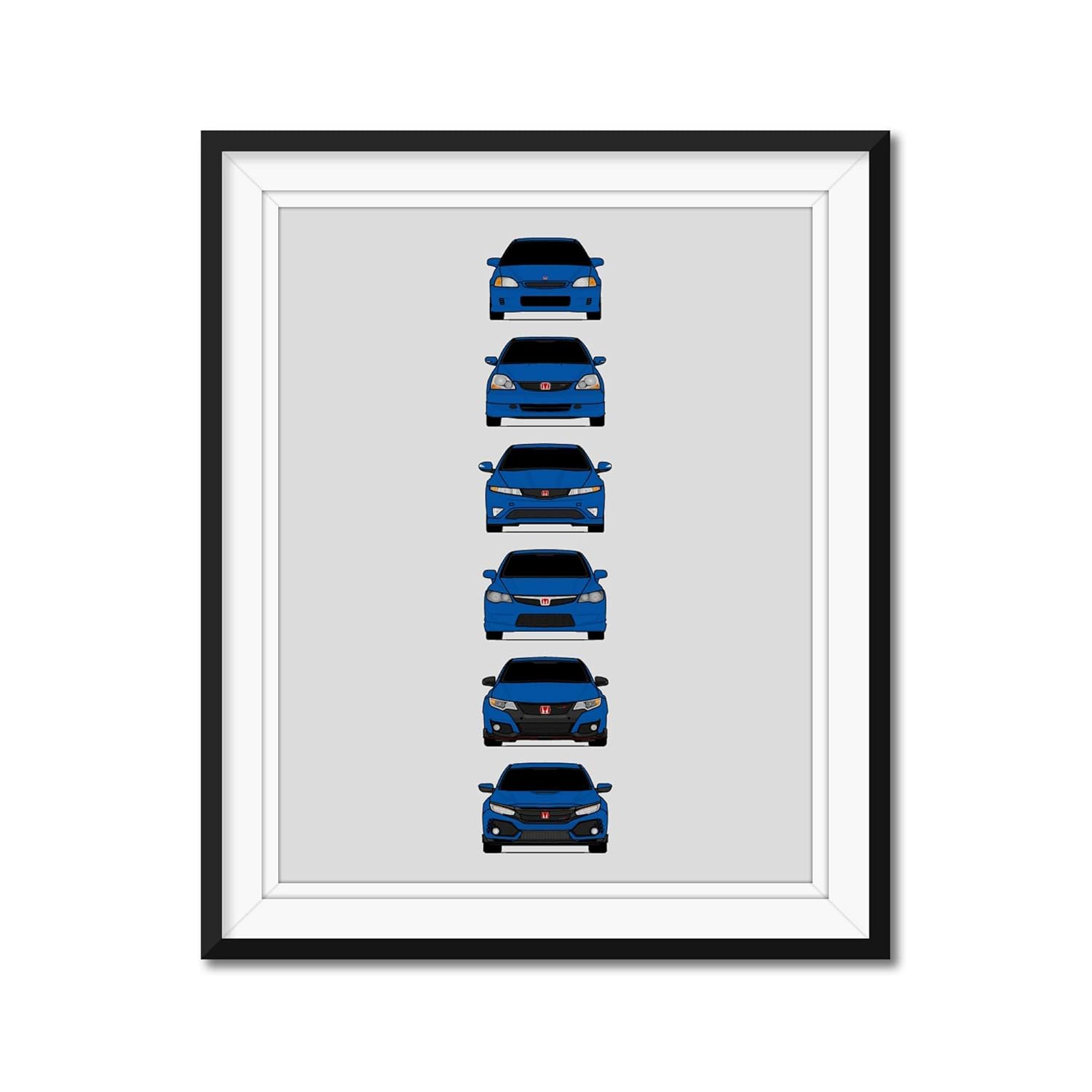Honda Civic Type-R Generations Inspired Car Poster – Handmade Print of Civic Type R (EK9, EP3, FD2, FN2, FK2, FK8, FL5) – Black, 11×14″ Metallic