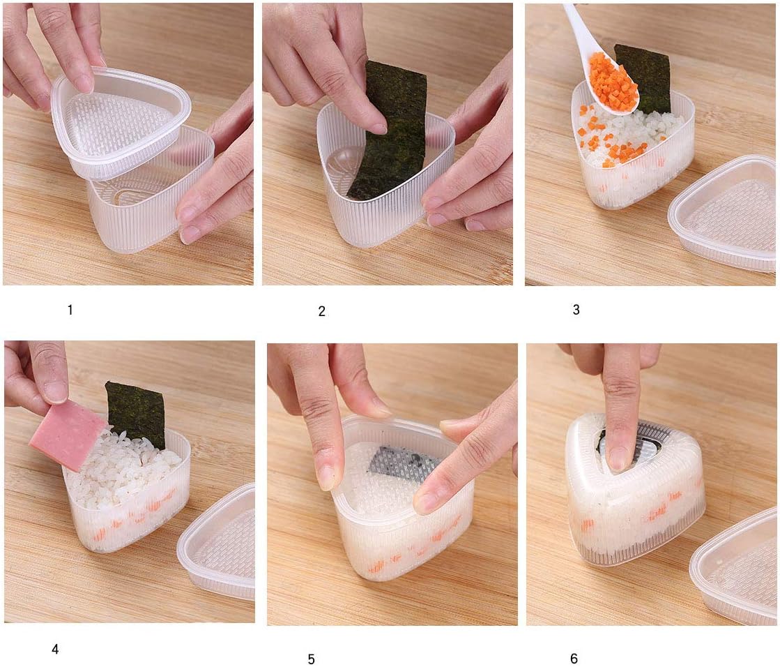 6 piezas de plástico transparente para moldes de sushi, caja triangular para hacer moldes de bolas de arroz, herramienta de cocina con tapa para
