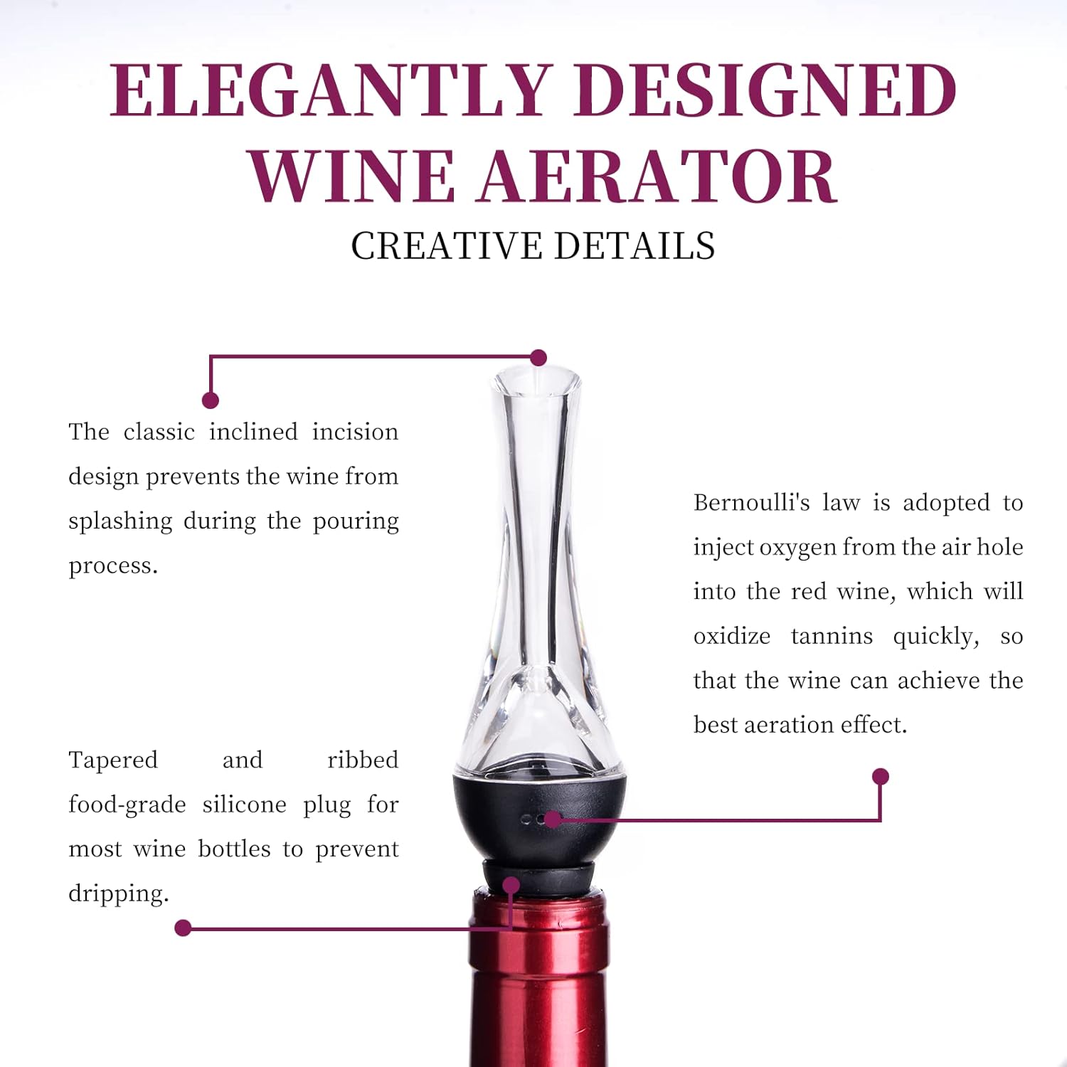 Aireador de vino, boquilla de decantador de vino prémium con tapón de botella, vertedor aireador de aire de vino para botellas y sin goteo, filtra