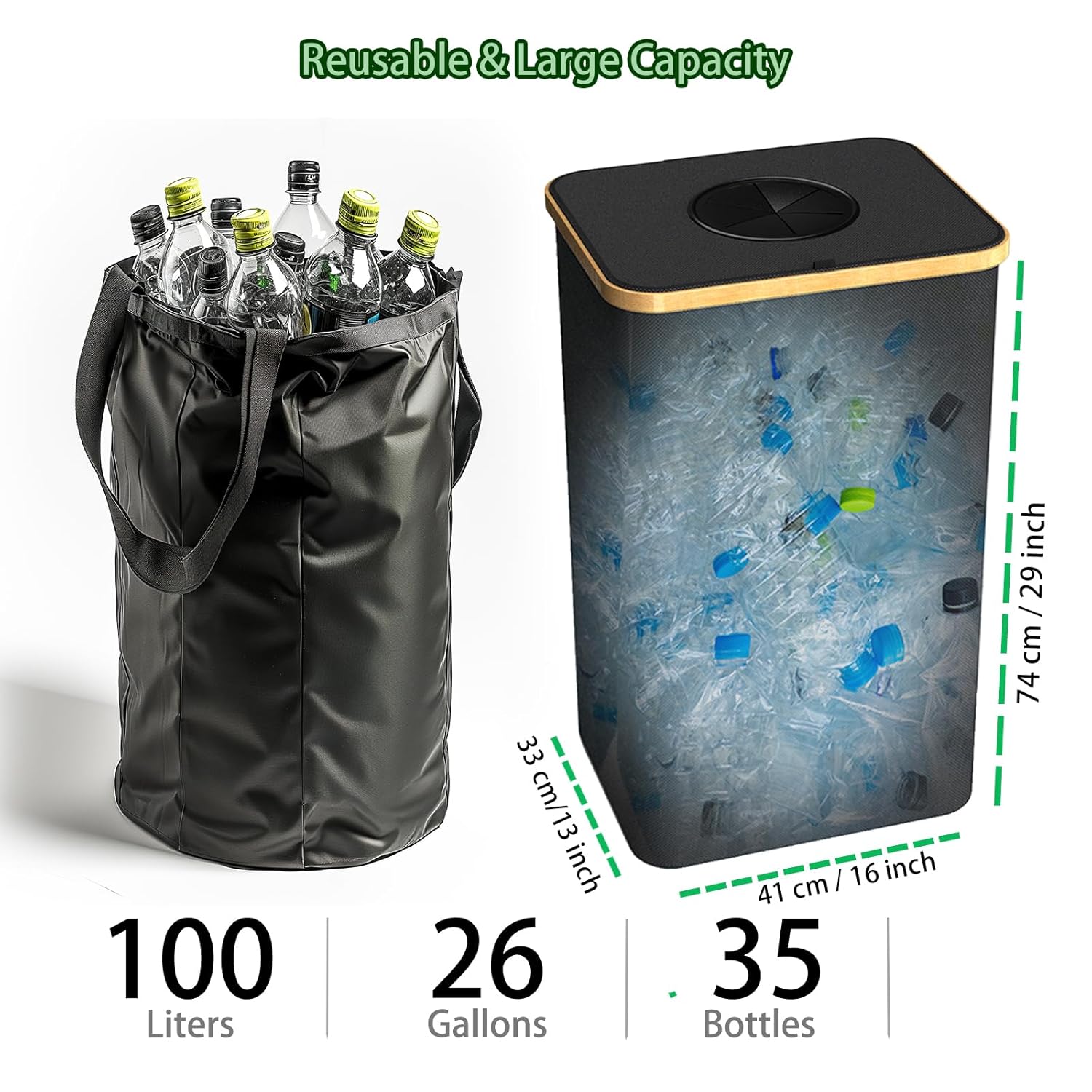 Pakusane Papelera de reciclaje para interiores, grande de 26 galones, 100 litros, con bolsa interior reutilizable, botella de plástico para residuos