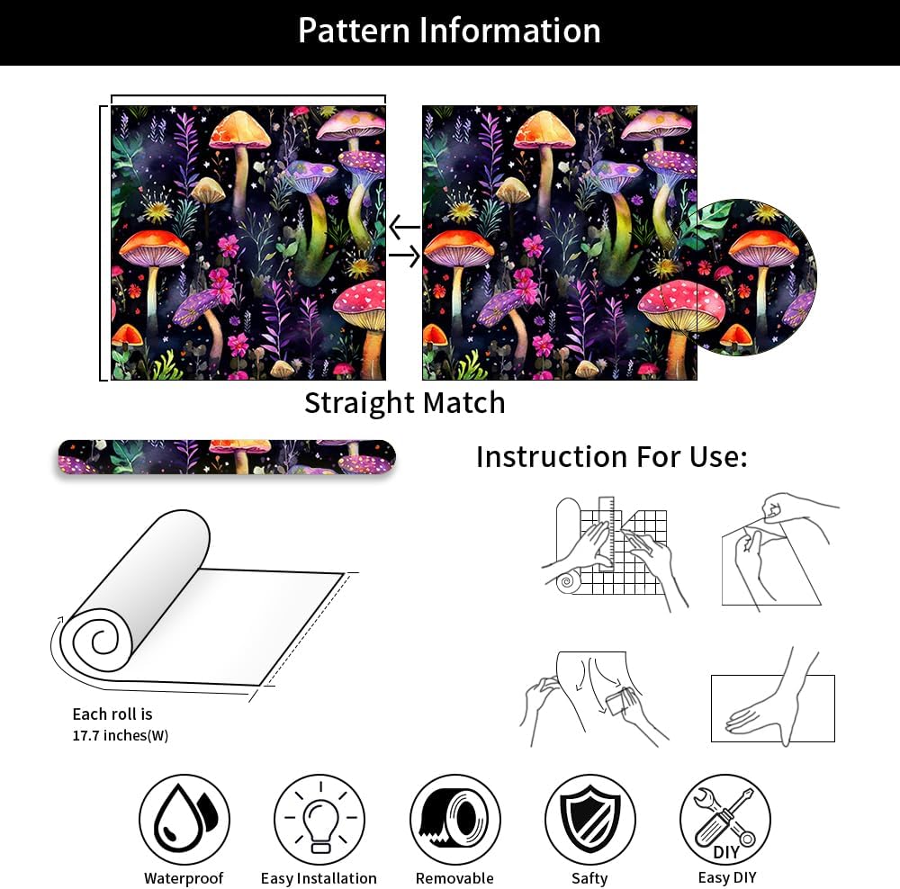 VistaPalette Papel tapiz autoadhesivo autoadhesivo de 18 x 236 pulgadas, diseño de bosque de hongos coloridos y mágicos oscuros, papel de contacto