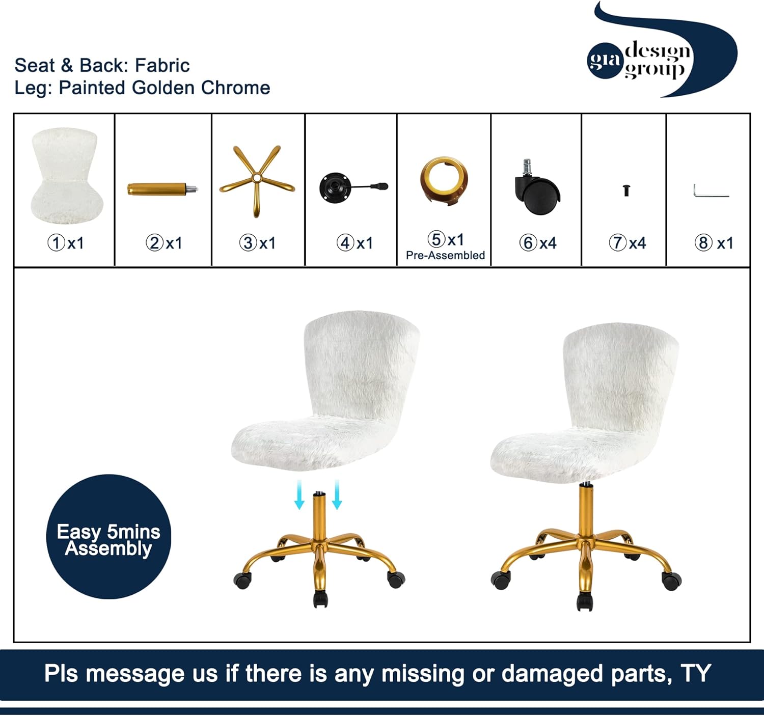 GIA Silla giratoria ajustable de respaldo medio con piel sintética, tamaño de asiento mejorado para adultos, color blanco