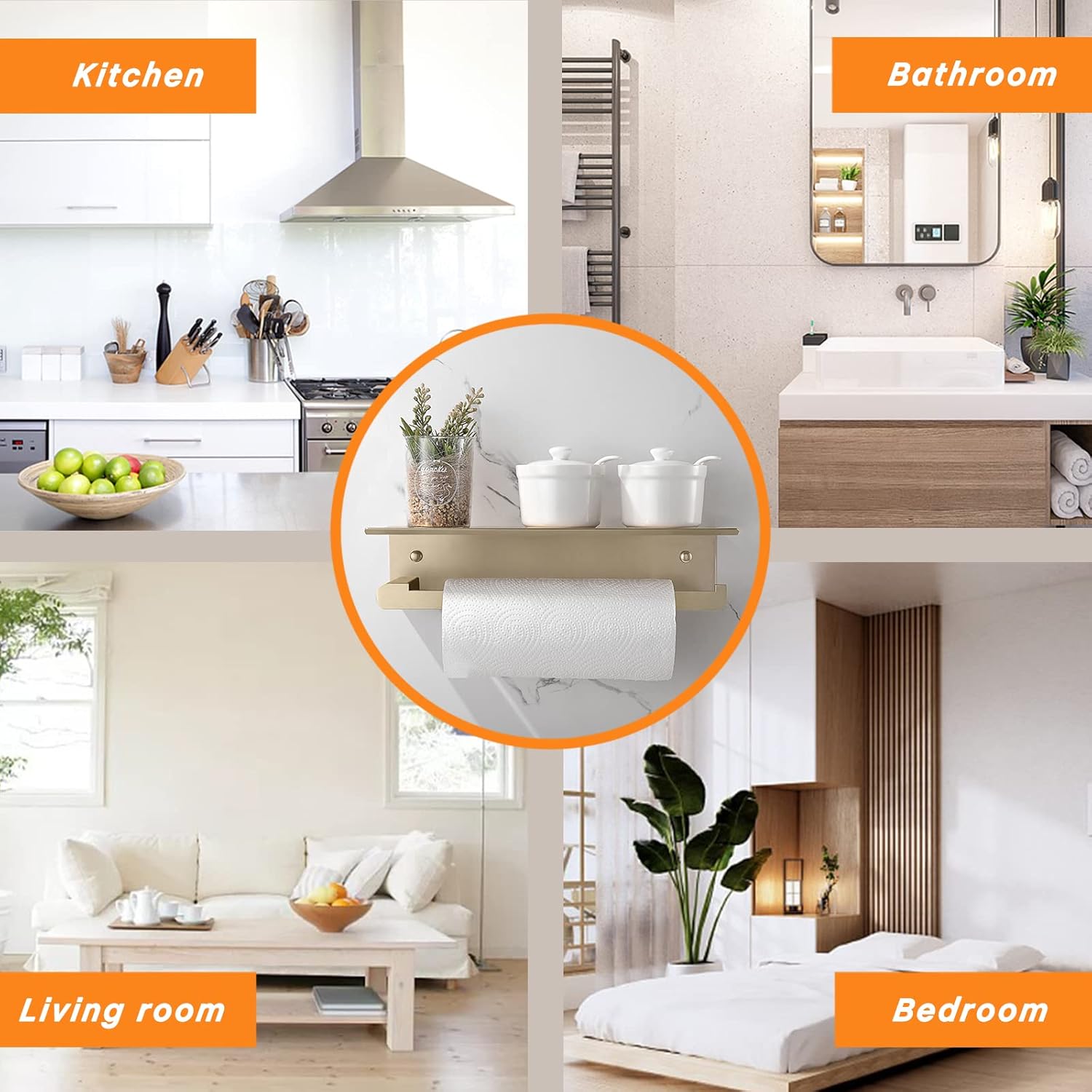 Soporte de pared para toallas de papel para cocina, soporte autoadhesivo para toallas de papel con estante para baño, aluminio antioxidante, sin