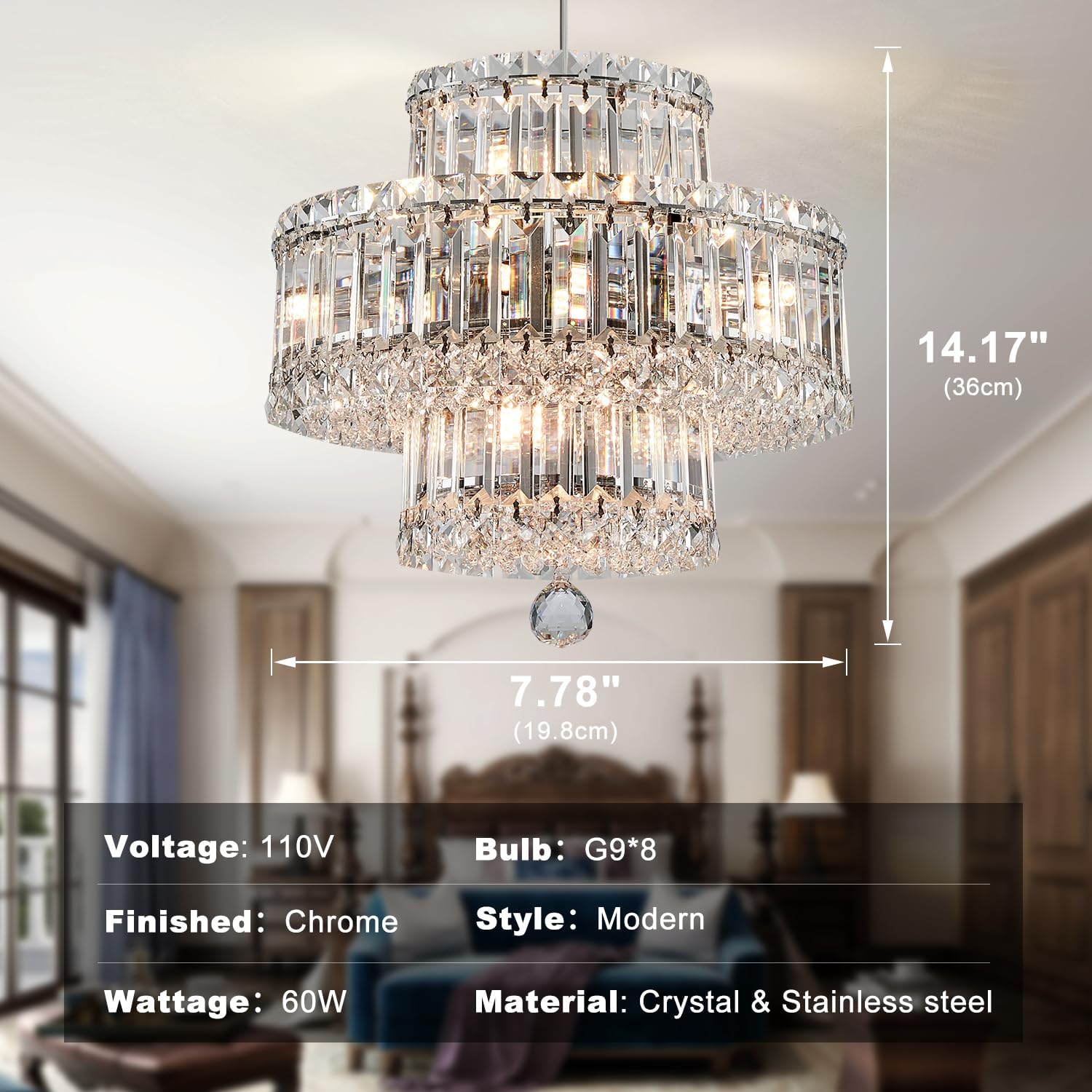 Candelabros de cristal, lámpara de cristal de 15 pulgadas para comedor, 8 luces de techo modernas cromadas, montaje empotrado, 3 neumáticos, lámpara