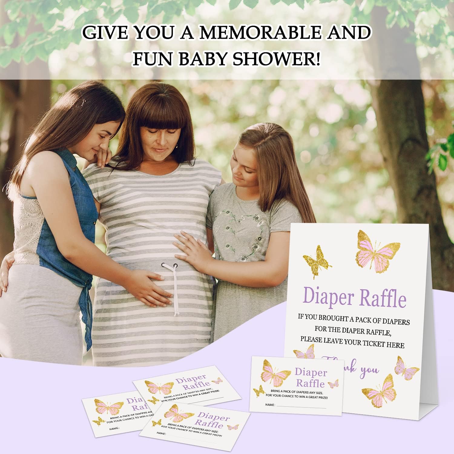 Juego de rifa de pañales para baby shower, 1 letrero y 50 boletos para rifas de pañales, mariposas doradas lilas, decoraciones de juego para fiesta